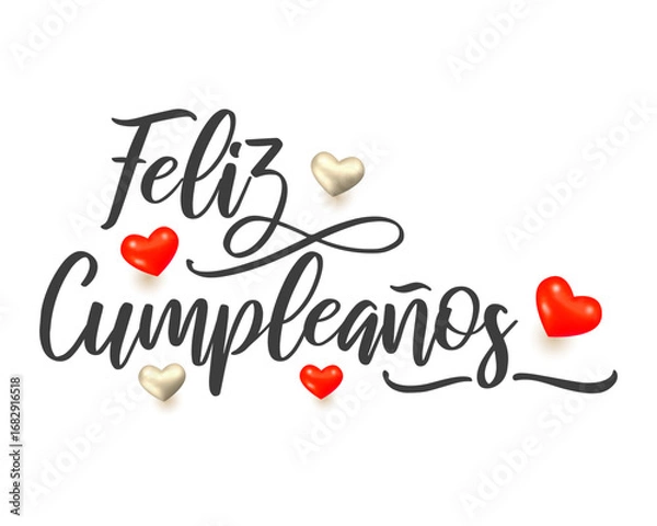 Fototapeta Feliz Cumpleaños text black lettering with hearts. Feliz Cumpleaños sticker or Happy Birthday Spanish Greeting Card Design Festive.