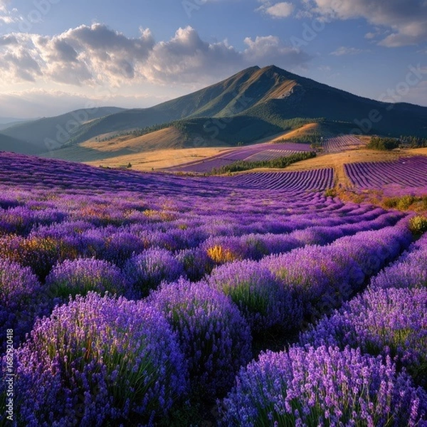 Fototapeta Vast lavender field, rolling hills, mountain backdrop, golden light