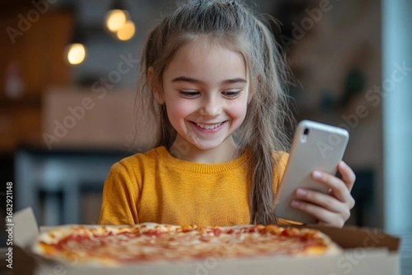 Fototapeta Smiling young girl who ordered pizza online, holding her phone and looking at the box with excitement, Generative AI