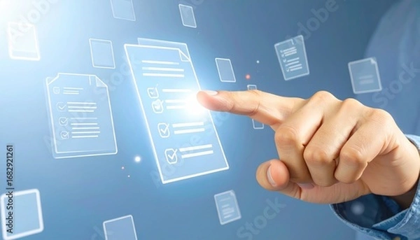 Fototapeta Hand interacts with glowing document icons on blue background, implying efficiency. Digital paperwork in a modern, clean and futuristic design