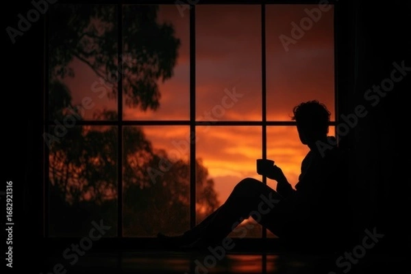 Fototapeta Silhouette of a person sitting by a large window, watching the sunset with a cup of tea, warm moody tones.