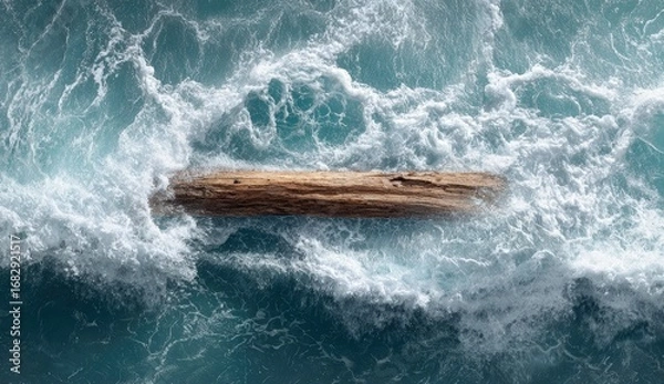 Fototapeta A weathered driftwood log floats amidst turbulent ocean waves