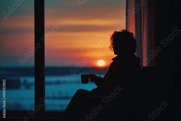 Fototapeta Silhouette of a person sitting by a large window, watching the sunset with a cup of tea, warm moody tones.