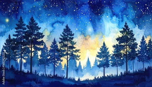 Fototapeta Watercolor landscape blue pine trees under a star-filled night sky with a light gradient. A serene and magical scene, perfect for cozy decor
