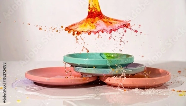 Fototapeta High-speed shot of colorful liquid bursting upwards after impacting stacked pastel dishes, splashing onto a white background