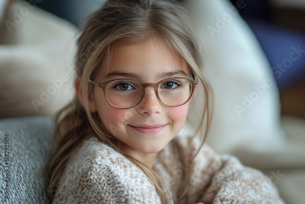 Fototapeta Portrait of a young smiling girl in glasses sitting relaxed on the sofa at home, confidently looking at the camera, Generative AI