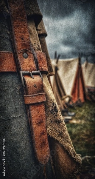 Fototapeta Close-up of a weathered leather belt buckle attached to a piece of coarse fabric, possibly part of a historical tent or military gear.  Blurred background shows other tents and a grassy field