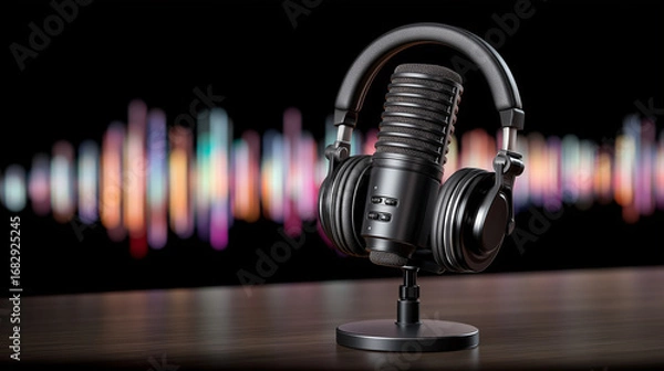 Fototapeta A former student edits a podcast in a home studio with microphones ready headphones on and soundwaves glowing presented in a modern photo with audio spikes cable coils and