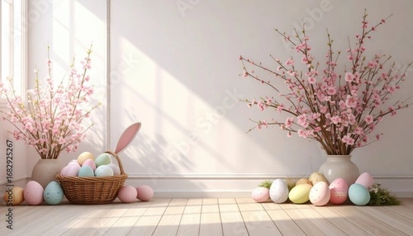 Fototapeta Pastel colored Easter eggs, some in a basket with bunny ears, against a sunny wall with flowering branches in vases and loose on the floor