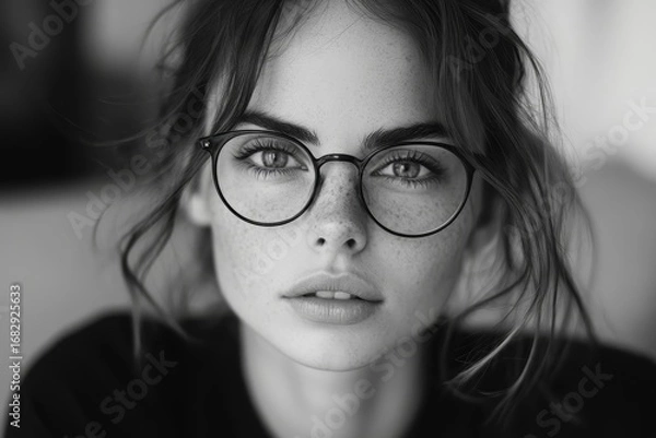 Fototapeta Close-up portrait of a brunette girl in glasses and a brown sweater smiling confidently at the camera while holding her hands near her face at home, Generative AI
