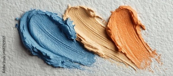 Fototapeta Three swatches of cosmetic product, in shades of blue, beige, and orange, applied to a textured surface