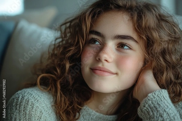 Fototapeta Smiling brunette girl with curly hair sitting on a sofa at home, looking away thoughtfully in a close-up shot, Generative AI