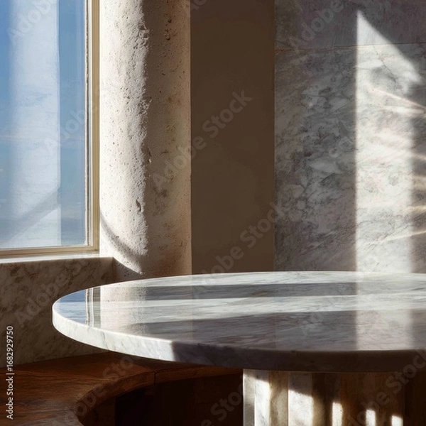 Fototapeta Elegant Marble Table Reflecting Soft Light in Modern Interior Space