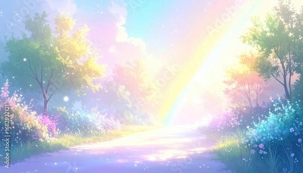 Fototapeta Pastel landscape illustration sunlit path curves through flower-filled fields, trees, and rainbow-hued sky with fluffy clouds. Soft, ethereal atmosphere