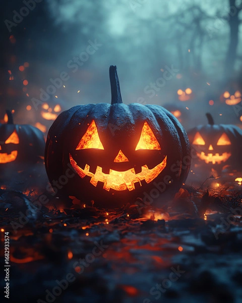Fototapeta Spooky Halloween pumpkins glow in the dark, creating a festive atmosphere for autumn celebrations.