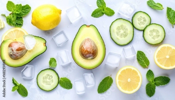 Fototapeta Overhead shot Half avocados, lemon slices and whole, cucumber slices, ice cubes, and mint leaves are arranged on a pale, textured surface