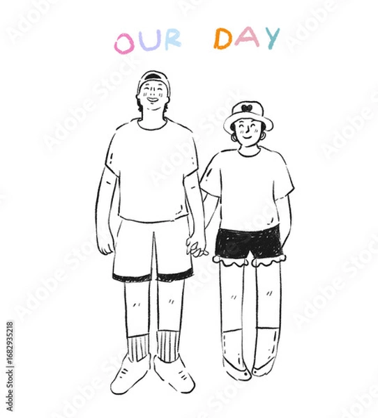 Fototapeta Couple line drawing, crayon style design for templates.