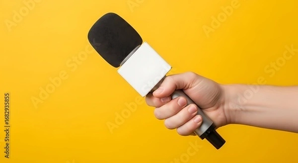 Fototapeta A reporter's hand holding a professional microphone for a press interview or broadcast, symbolizing media, communication, and public speaking