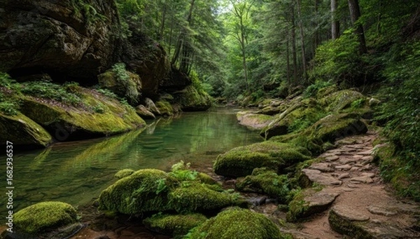 Fototapeta Tranquil forest stream, mossy rocks, and a stone path. Lush greenery, clear water reflecting the trees