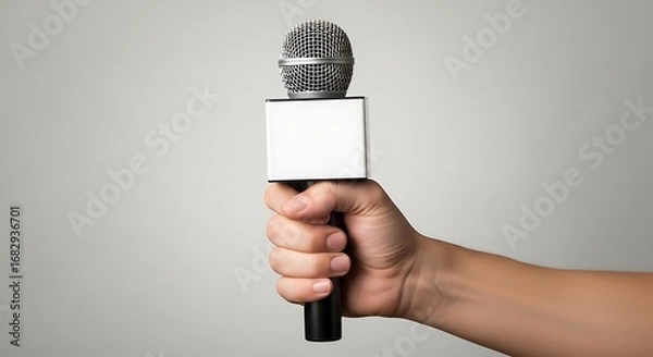 Fototapeta Close-up shot of a human hand holding a professional broadcast microphone with a blank white flag, ready for an interview or press conference