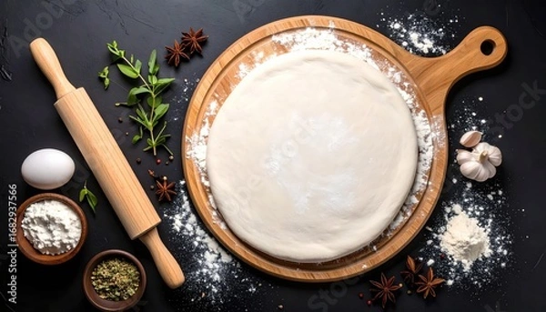 Fototapeta Raw pizza dough sits atop a wooden board, surrounded by spices, a rolling pin, flour, and herbs, all placed on a dark countertop