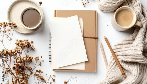 Fototapeta A serene top-down view of a cozy desk setting with coffee cups, a notebook, stationery, dried flowers, and a knitted scarf on a white surface
