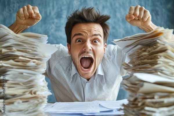Fototapeta Happy businessman celebrating success at the desk with paperwork, enjoying a moment of triumph, Generative AI