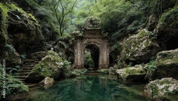 Fototapeta Ancient archway in a lush, mossy valley