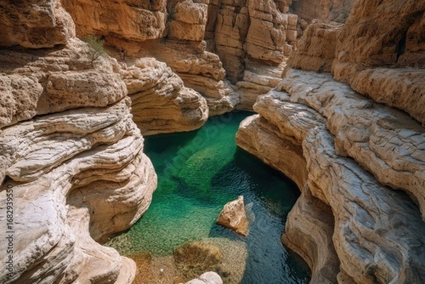 Fototapeta Verdant pool nestled in a rocky canyon.  Clear, turquoise water reflects the surrounding sandstone cliffs
