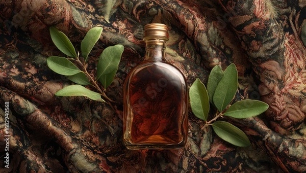 Fototapeta Amber bottle,  on patterned fabric with leaves
