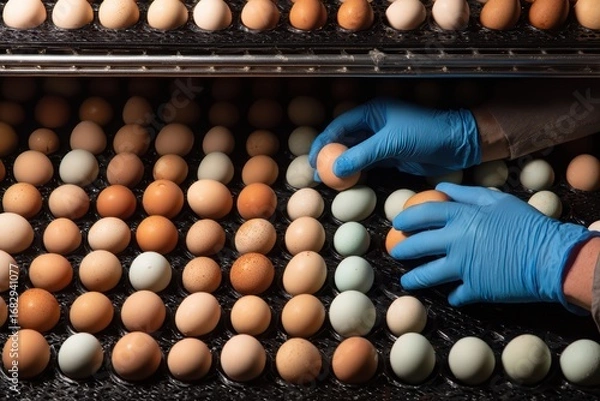 Fototapeta Gloved hand handling eggs on grid surface in industrial setting. Precision, hygiene, and organization in egg processing with cool-toned color contrast.
