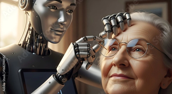 Obraz Robot Assisting Elderly Woman with Eyeglasses.