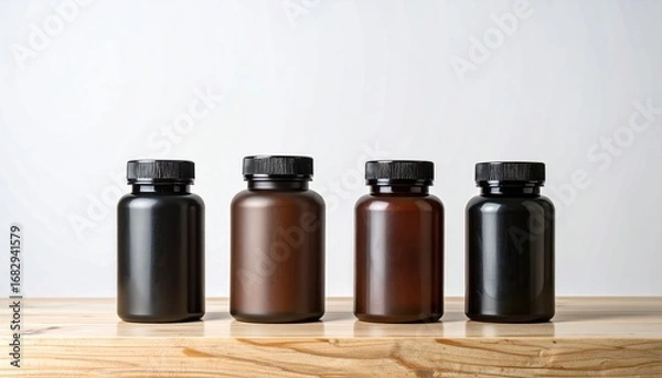 Fototapeta Four colored opaque bottles with black screw tops are neatly aligned on a light wood surface, set against a clean white backdrop