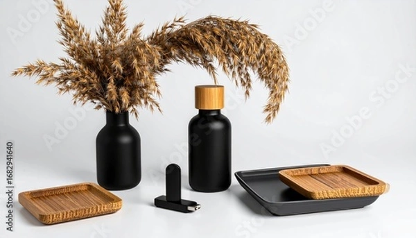 Fototapeta Still life featuring black vases, bottle with wooden cap, trays, and pampas grass, elegantly displayed against a clean white backdrop