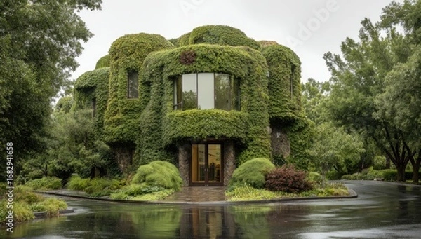 Fototapeta A lushly overgrown, unique home with a curved facade