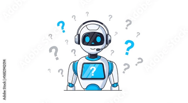 Obraz Friendly AI Robot with Question Marks.
