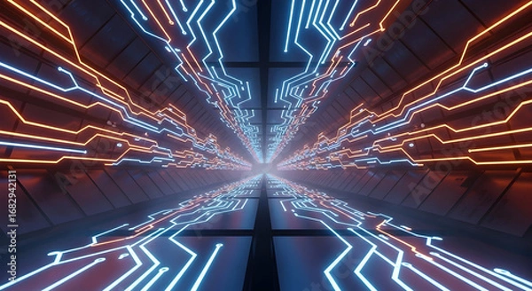 Obraz Futuristic Digital Circuitry Tunnel with Glowing Lines.