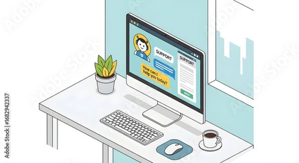 Obraz Isometric Illustration of Workspace with Computer and Plant.