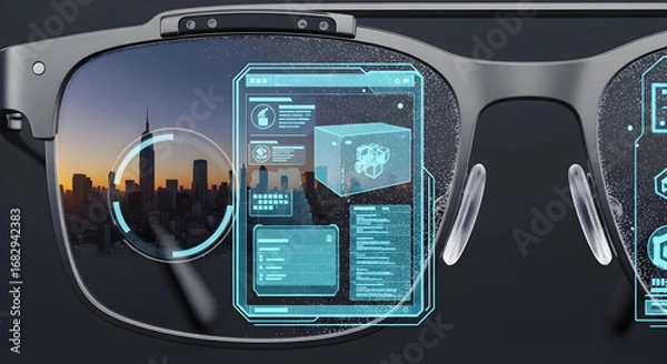 Obraz Futuristic Smart Glasses Displaying Data and Cityscape.