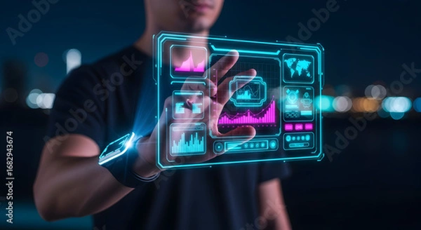 Obraz Man Interacting with Futuristic Digital Interface.