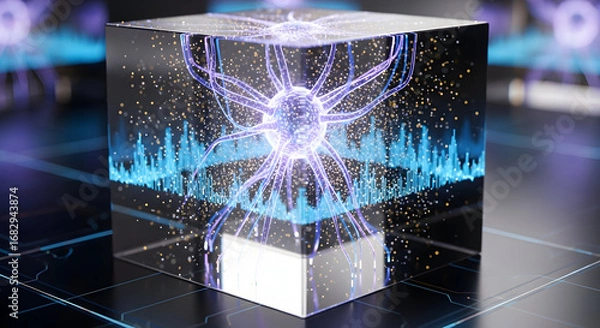 Obraz Glowing Plasma Energy Cell Inside Glass Cube.