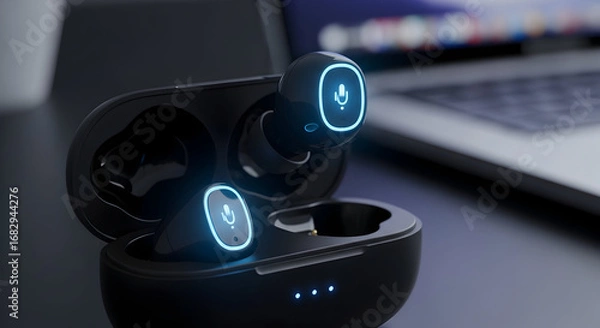 Obraz Modern Wireless Earbuds with Microphone Icon.