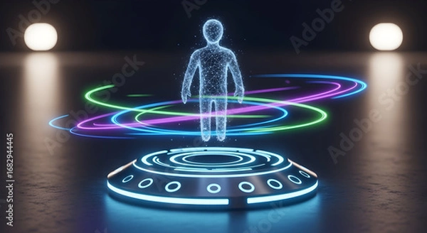 Obraz Futuristic Hologram of Human Figure on Platform.