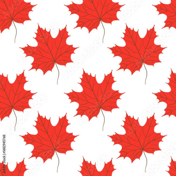 Fototapeta Seamless autumn pattern with vivid red maple leaves. Hand-drawn design with thin outlines, clean structure, and minimalistic background. Perfect for seasonal packaging, textile, and stationery.