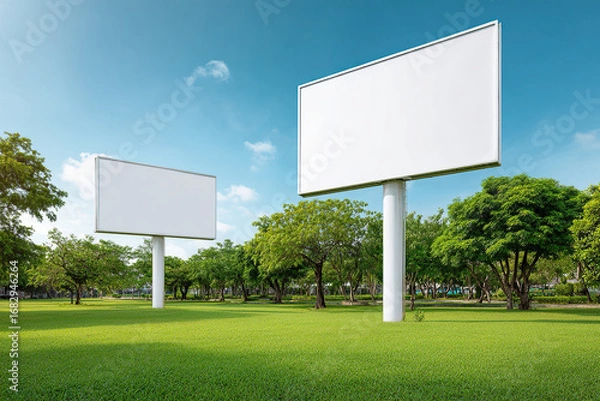 Fototapeta Two blank billboards stand in a park, ready for advertisements against a blue sky. Lush greenery creates a serene backdrop.