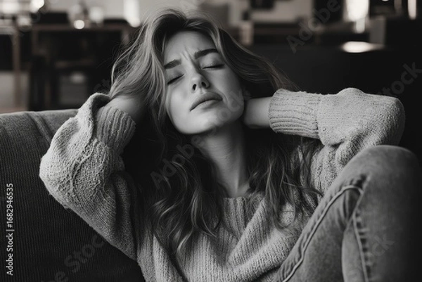 Fototapeta Young woman grimacing in pain, seated on the sofa at home, clutching her  in severe discomfort, Generative AI
