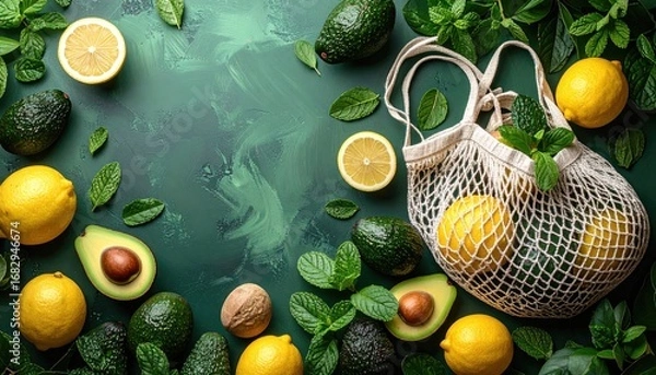 Fototapeta Overhead shot of fresh lemons, avocados, mint and leaves surrounding a net bag on a textured green background