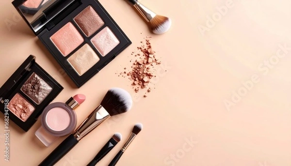 Fototapeta A flat lay of cosmetic products eyeshadow palettes, brushes, lipstick on a peachy background. Soft lighting showcases powders