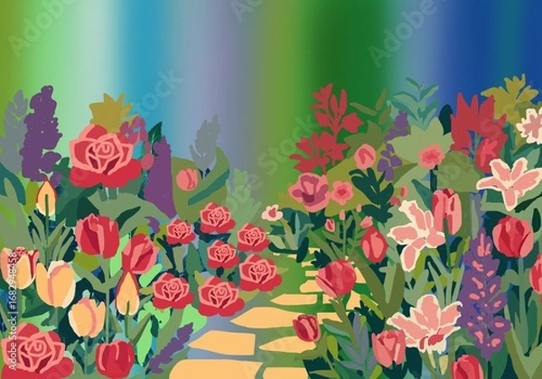 Fototapeta Romantic Garden Path spring flowers background
