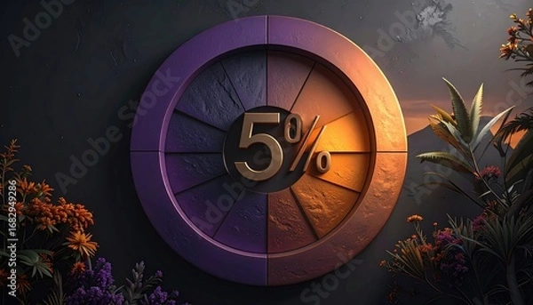 Fototapeta A circular emblem with "5%" displayed prominently, split into purple/orange halves, against a dark wall, surrounded by plants and a sunset backdrop